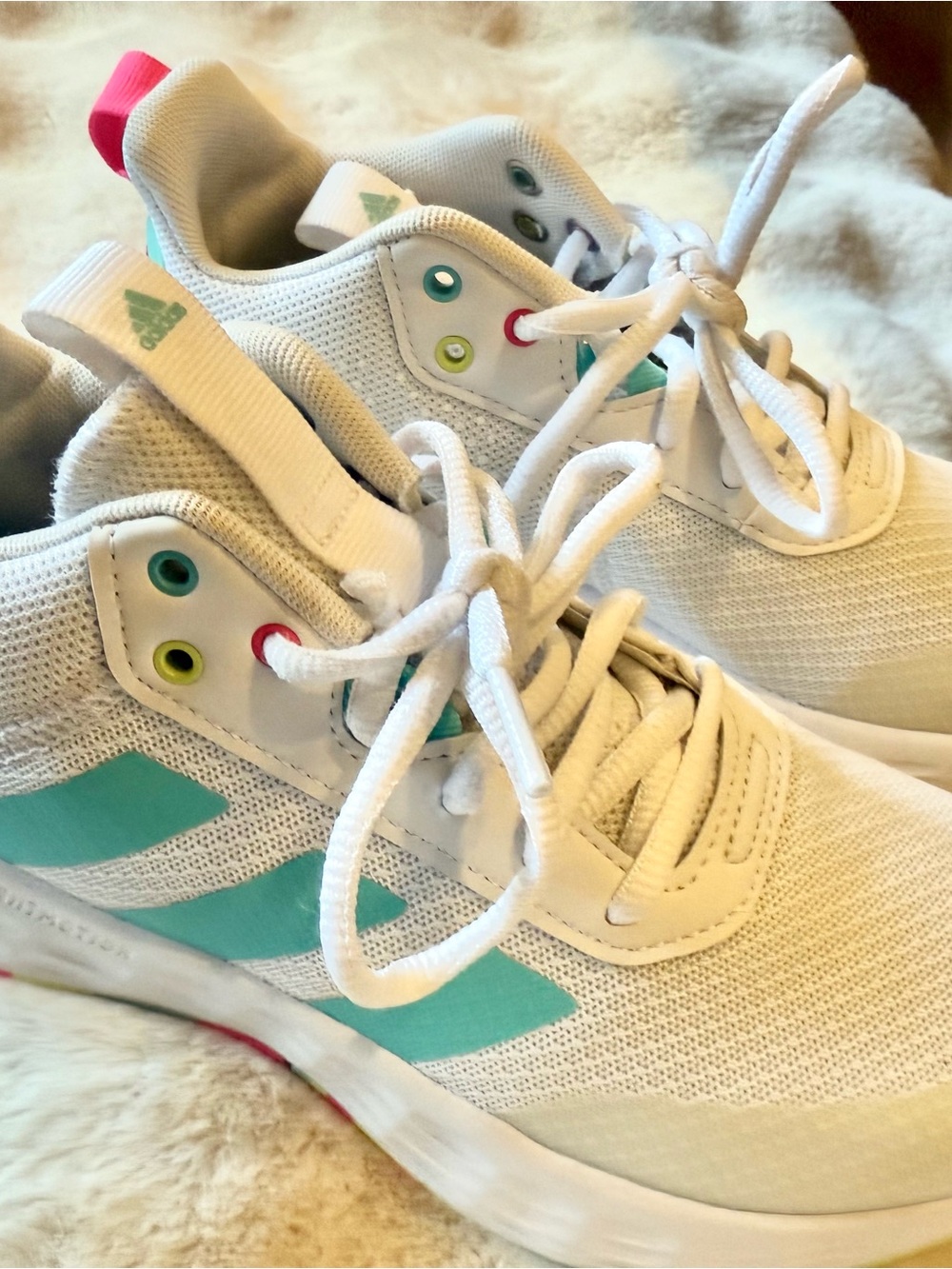 Adidas Kids Own the Game size 3 USA 35 EU white and teal kids sneaker NWOT